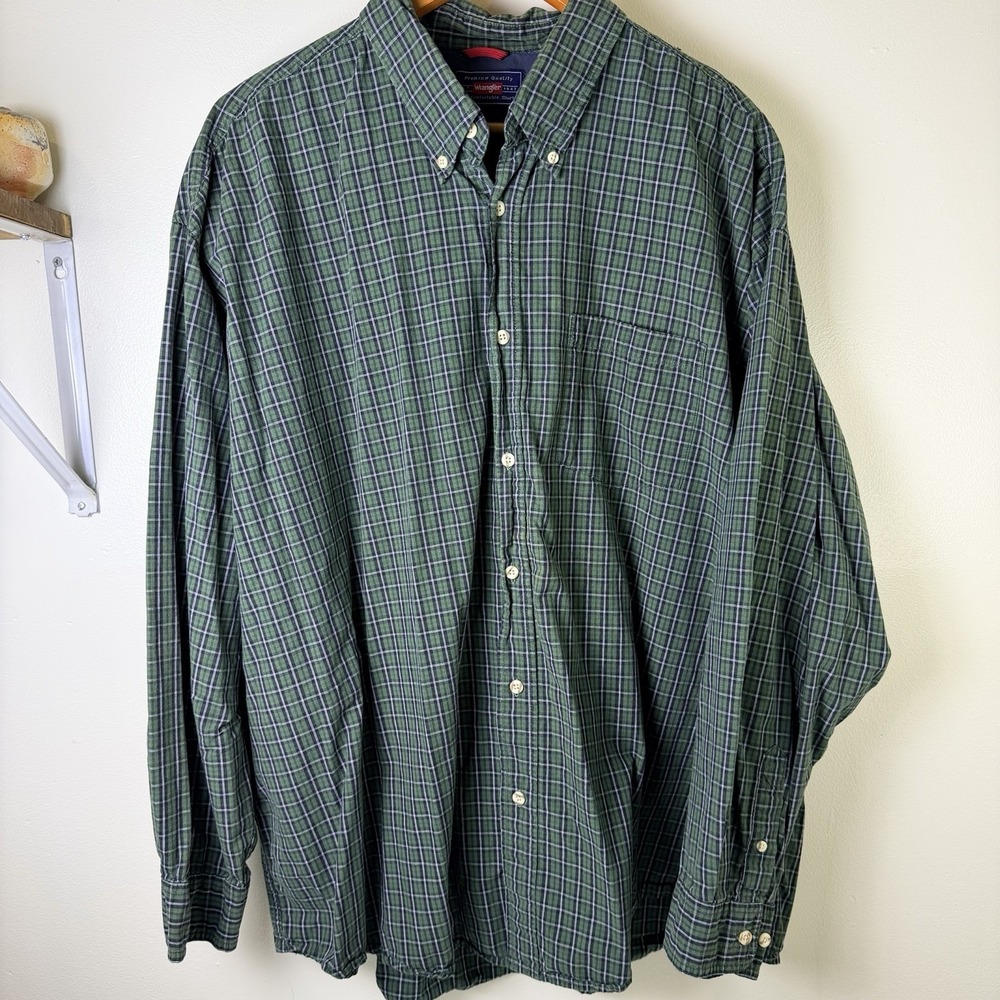 Wrangler Mens 3XL Olive Green Twill Button Down Work Shirt Flannel Plaid
